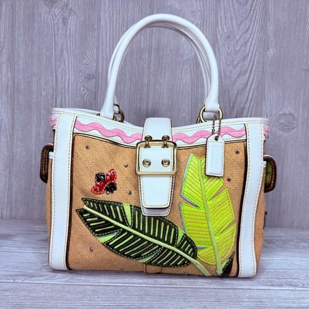 Vintage Rare Coach Straw Ladybug Leaf Tote Bag Purse Rhinestone
