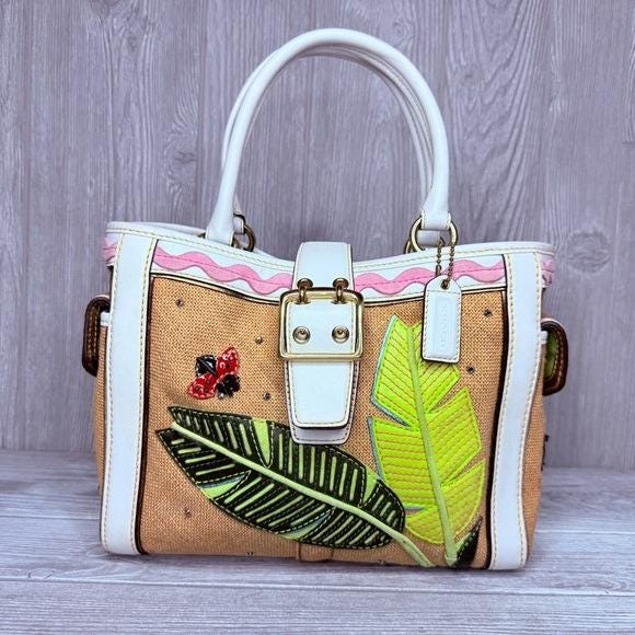 バッグ COACH Boxy Turnlock Leaf Hand Bag Rare Vintage Rare Coach Straw Ladybug Leaf Tote Bag Purse Rhinestone