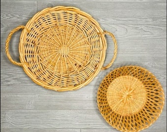 Bundle of 2 large woven wicker / rattan / bamboo basket one with handles