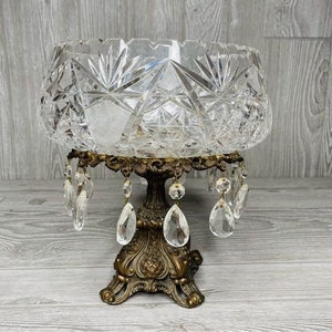 L&L cut crystal bowl on pedestal tear drop crystals 1970 rococo style decoration