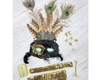 Vintage peacock feather mask and accessories costume cosplay earrings / belt