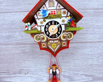 Vintage Miniature Cuckoo Clock with Girl on a Bouncy Swing  Germany No Key decor