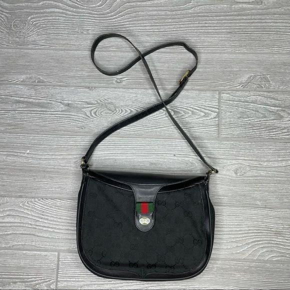 Vintage GUCCI Black Canvas Leather Saddle Purse Bag Long Crossbody