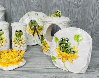 Vintage 1970s Neil the Frog Canisters , Salt & Pepper , Clock and