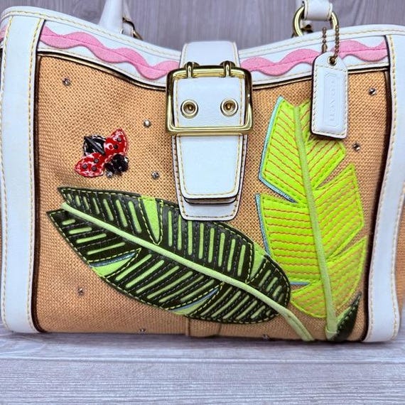 Vintage Rare Coach Straw Ladybug Leaf Tote Bag Purse Rhinestone