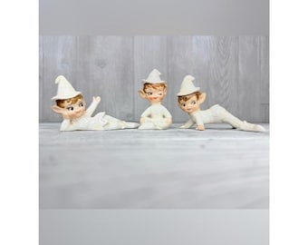 3 figuritas de cerámica vintage de duendes navideños de Lefton, adornos y decoraciones.