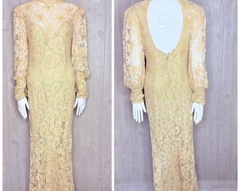 Vintage beaded sequin formal wedding dress tan cream high neck dress