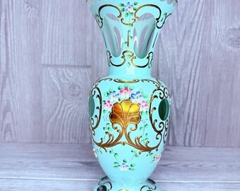 Vintage Czech Bohemian Teal metallic gold Cut Glass Vase decoration figurine