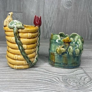 Vintage Majolica green glaze trinket dishes pen holder flower frog bamboo cups