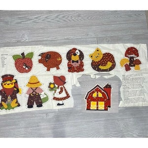Vintage barnyard appliqué crafting fabric mushroom , cat , puppy and more