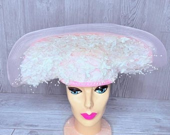 Vintage Just for you New York hat collection pink floral hat / pearl drops tulle