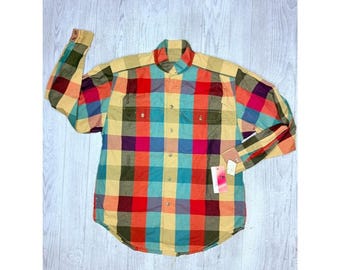 Camisa vintage de los 90 de Liz Wear, nueva con etiquetas, de manga larga, de algodón, con botones delanteros y estampado a cuadros pequeños.