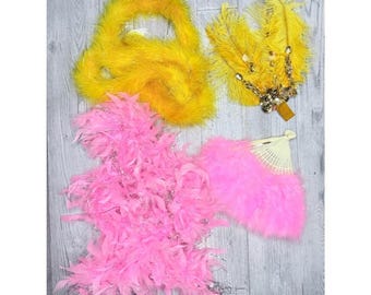 Boas de plumas y abanicos vintage / accesorios para el cabello con purpurina para disfraces de cosplay