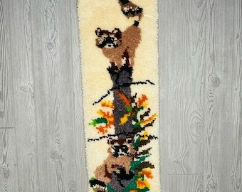 Vintage 1970 / 1980s Complete Latch Hook Rug Wall Hanging of Racoons boho retro