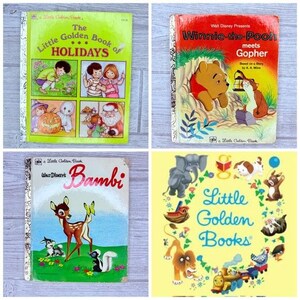 Könnte beinhalten: Vier Vintage Little Golden Bücher. Titel sind "The Little Golden Book of Holidays", "Winnie-the-Pooh meets Gopher", "Walt Disney's Bambi" und ein Buch mit gelbem Einband und dem Schriftzug "Little Golden Books" in einem Kreis.