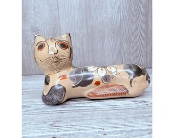 Figura decorativa de gato de cerámica mexicana Tonala vintage, estatua de arcilla.