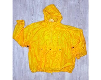 Chaqueta cortavientos vintage amarilla de manga larga tipo jersey, talla grande.