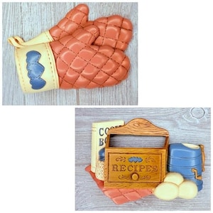 Vintage burwood kitchen wall art cottage core oven mitts and recipe holder decor