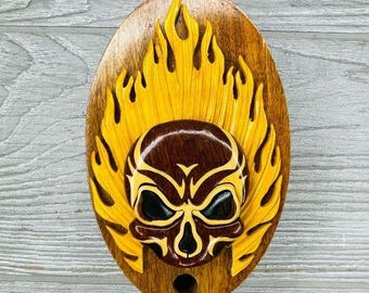 Caja de madera hecha a mano con forma de calavera de Ghost Rider, caja para guardar joyas, plato para baratijas