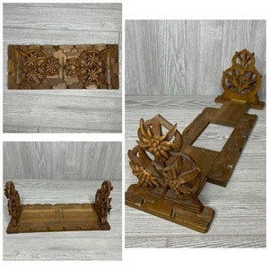 Vintage Geneve carved wood folding bookends / shelf reading floral