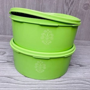 2 vintage retro Tupperware Apple Green Canister container with lids mcm