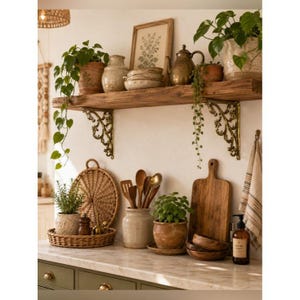 May include: A rustic wooden wall shelf with ornate gold metal brackets holds a potted plant, a framed botanical print, a ceramic pitcher, and a metallic teapot. Below, a kitchen counter features a wicker tray, wooden utensils, and cutting boards.