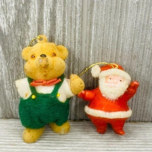 Vintage Santa and bear Christmas tree ornament decorations Celluloid flocked