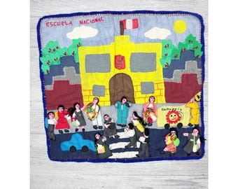 Vintage hand made Peru street vendor scene cloth tapestry art wall art cotton