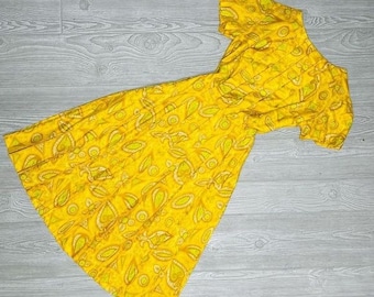 Vintage retro pleated homemade paisley print yellow  fit and flare dress small 50 style