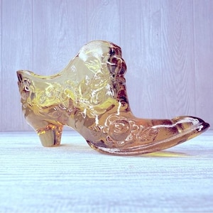 Vintage Fenton amber glass fruit style high heel shoe trinket dish decoration