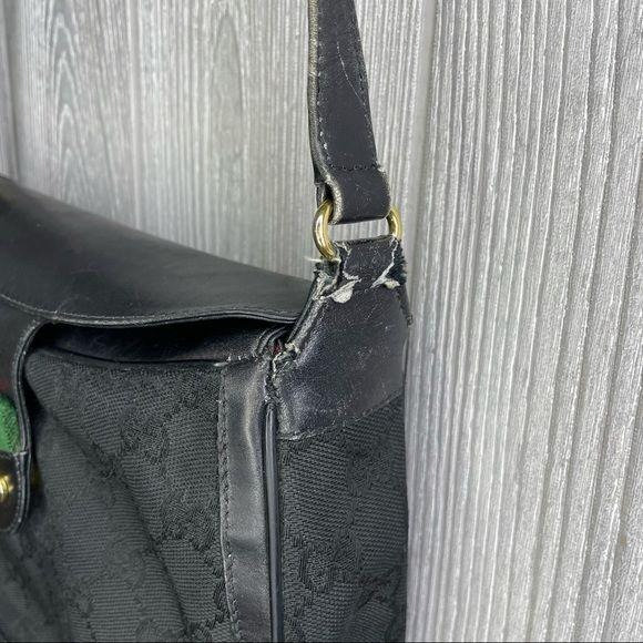Vintage GUCCI Black Canvas Leather Saddle Purse Bag Long Crossbody