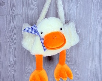 Duck Easter Basket Plush Blue & White Ribbon Soft Cream Color Stuffed Animal Toy