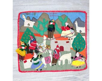 Vintage hand made Peru farmers scene animals cloth tapestry art wall art cotton