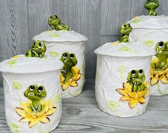 Vintage 1970s Neil the Frog Canisters , Salt & Pepper , Clock and