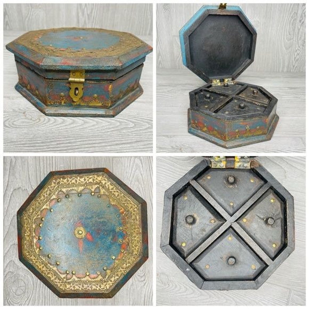 Vintage Wooden Octagonal Jewellery Box Original Old Hand Crafted Brass