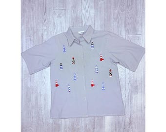 Camisa de manga corta de algodón a rayas con bordado de faro de Bonworth, talla M