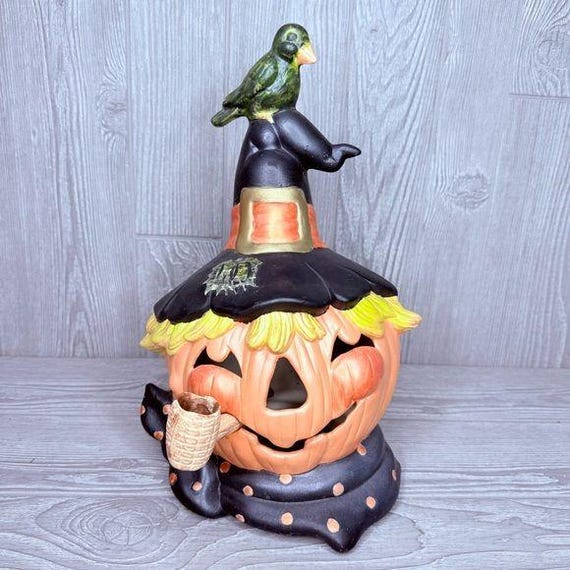 Vintage 80 Ceramic Jack O Lantern Pumpkin Scarecrow Lamp Base No