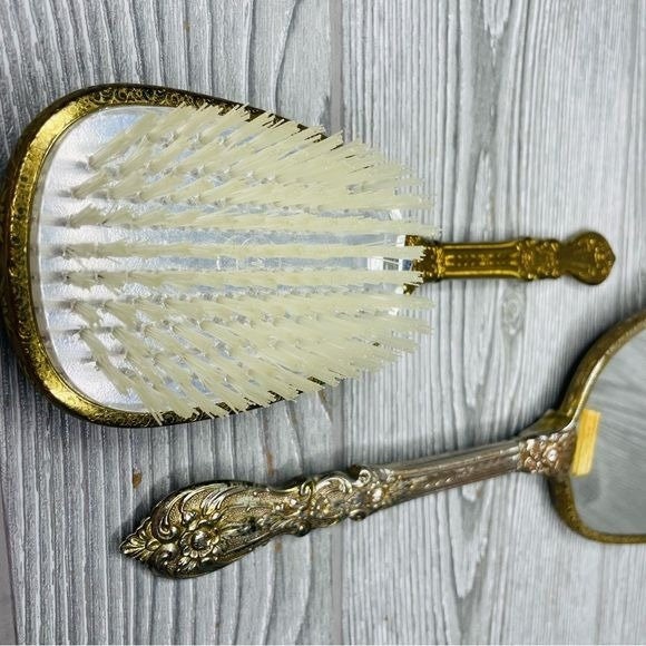 Rare 1950s Matson Vanity Hand Mirror Hair Brush Set Rose Flower