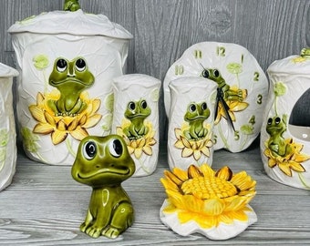 Vintage 1970s Neil the Frog Canisters , Salt & Pepper , Clock and