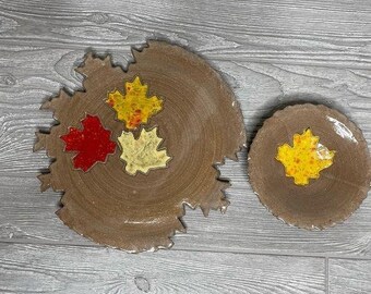 Studio pottery unique fall leaf plate and bowl