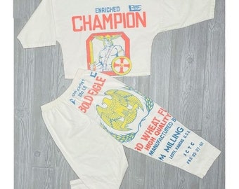 Vintage saco de patatas camisa de manga corta y pantalones muslin algodón campeón sacos de patatas s