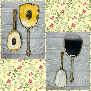 Rare 1950s Matson Vanity Hand Mirror Hair Brush Set rose flower 24k Gold Plated