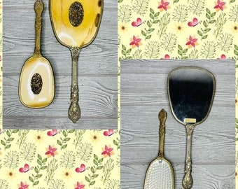 Rare 1950s Matson Vanity Hand Mirror Hair Brush Set rose flower 24k Gold Plated