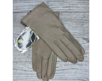 Luvas vintage Aris femininas tamanho 7,5 em couro cor taupe