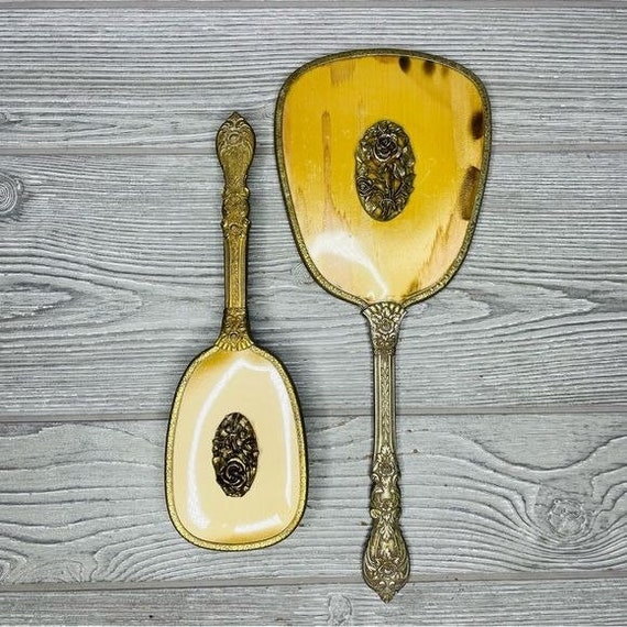 Rare 1950s Matson Vanity Hand Mirror Hair Brush Set Rose Flower