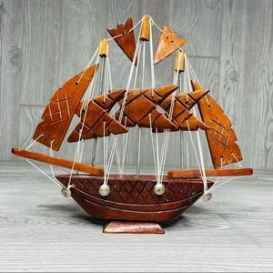 Vintage wood carved ship with roped / strings figurine nautical
