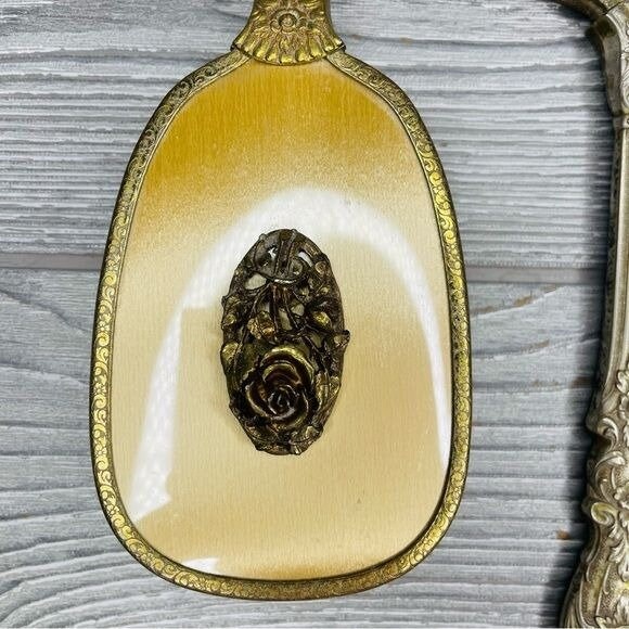 Rare 1950s Matson Vanity Hand Mirror Hair Brush Set Rose Flower