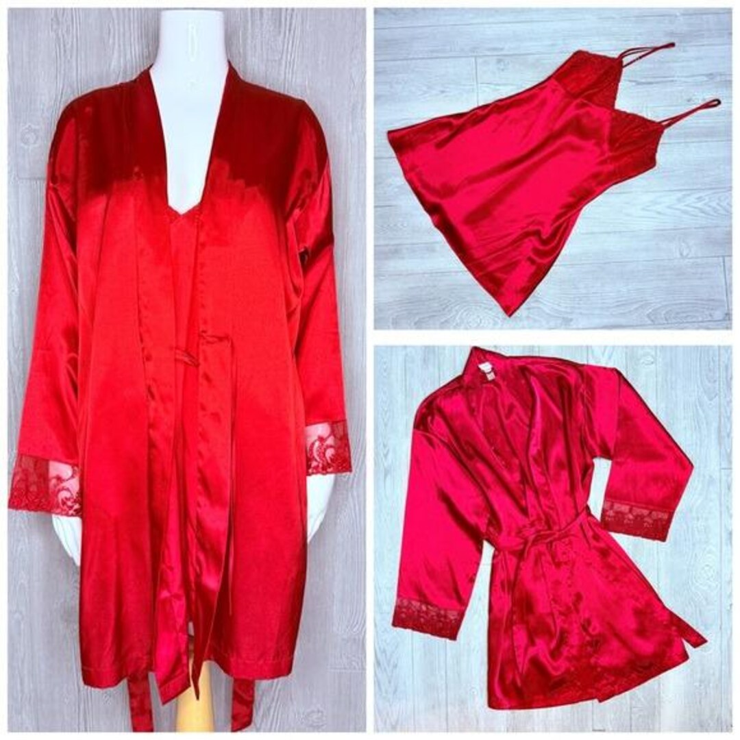 Satin Robe & Lingerie Nighty Lace Trim Sleeve in Cosmo Red Dressing ...