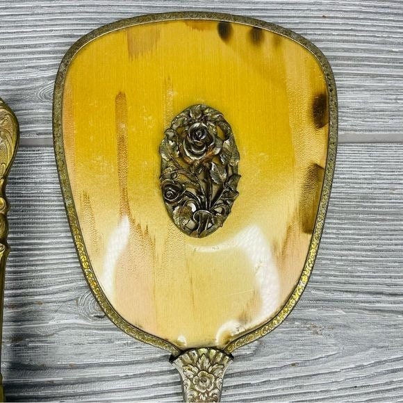 Rare 1950s Matson Vanity Hand Mirror Hair Brush Set Rose Flower