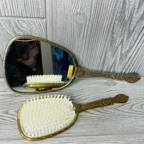 Rare 1950s Matson Vanity Hand Mirror Hair Brush Set Rose Flower